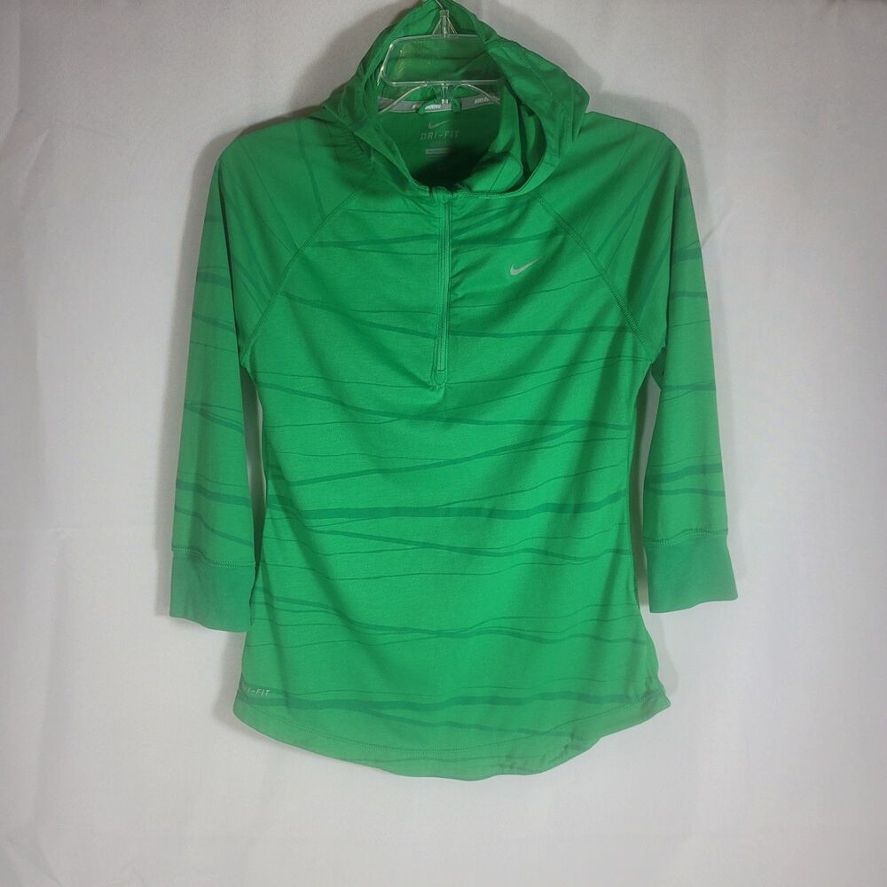Nike DriFit Women's 1/4 Zip Running Hoodie Green Striped Pullover Hooded Shirt M